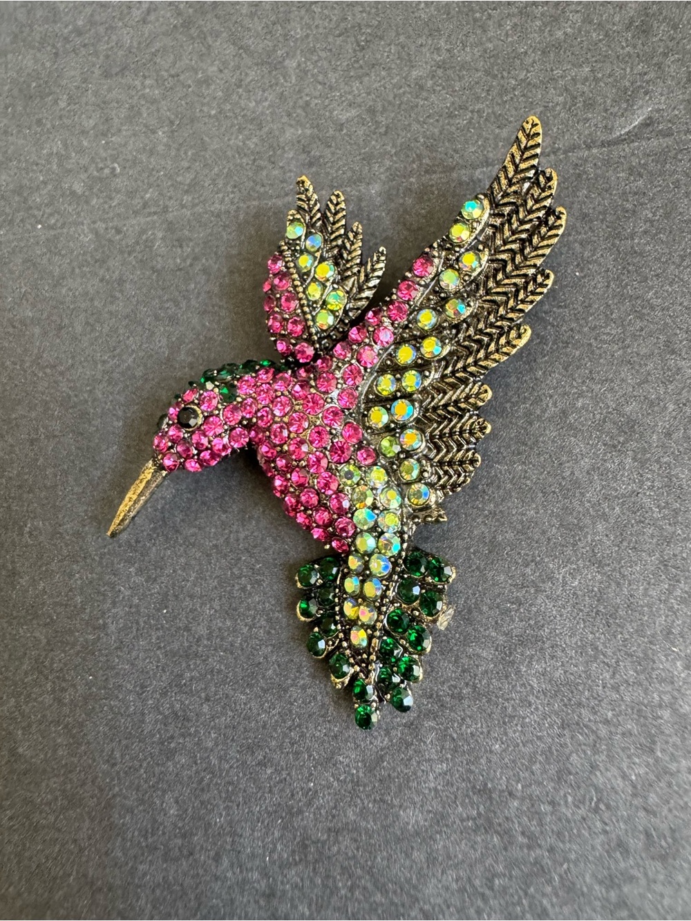 Hummingbird Brooch Pink Green Rhinestone AB Crystal Pin - Picture 3 of 7